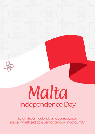 Poster for the 60th anniversary of Malta's Independence Day. In the center of poster is the Maltese flag on gray background with maltese cross pattern. For card, website, print, design, social mediaのイラスト素材