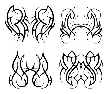 Neo abstract tribal tattoo set. Mirror black shoulder tattoo. Cyber sigilism style hand drawn ornament. Celtic gothic sleeve ornament shapes. Maori ethnic design isolated on white background. Sketchのイラスト素材