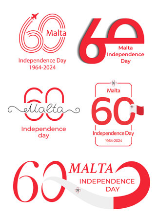 Set for the 60th anniversary of Malta's Independence Day. Different variations of large red number 60 with Maltese flag. Great for logo, card, website, print, design, poster, social media. Vector flatのイラスト素材