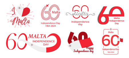 Set for the 60th anniversary of Malta's Independence Day. Different variations of large red number 60 with Maltese flag. Great for logo, card, website, print, design, poster, social media. Flat styleのイラスト素材