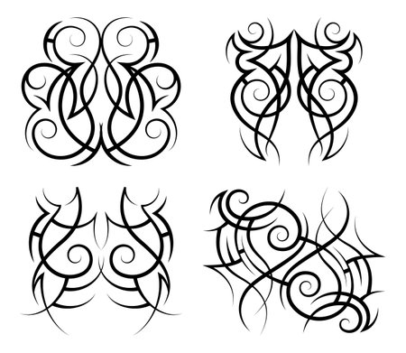 Neo abstract tribal tattoo set. Mirror black shoulder tattoo. Cyber sigilism style hand drawn ornament. Celtic gothic body ornament shapes. Maori ethnic curl design isolated on white backdrop. Sketchのイラスト素材