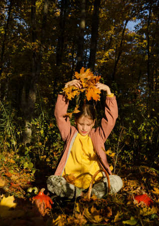 Happy little girl in yellow sweatshirt and dusty mauve coat is sitting in the autumn forest and throwing yellow leaves.の写真素材