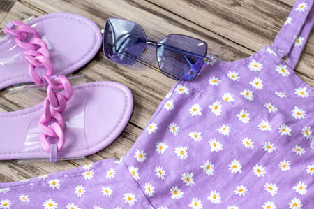 Womens summer clothes in purple shades. Shopping Concept. The Flat Plannerの写真素材