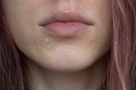 Round clear patch of acne on womens skin on the chin in close-upの写真素材