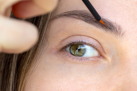 Eyebrow Serum for Women. An open-eyed girl applying a serum with essential oils and peptides to her...