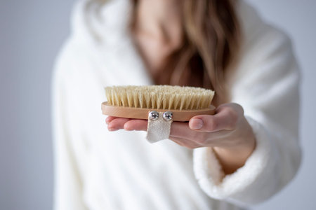 Body brush for dry massage in womens hands. Brushing body to reduce cellulite, detoxify the...
