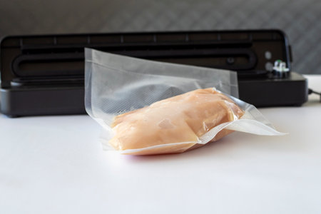 Vacuum bag of raw chicken breast on a white tableの写真素材