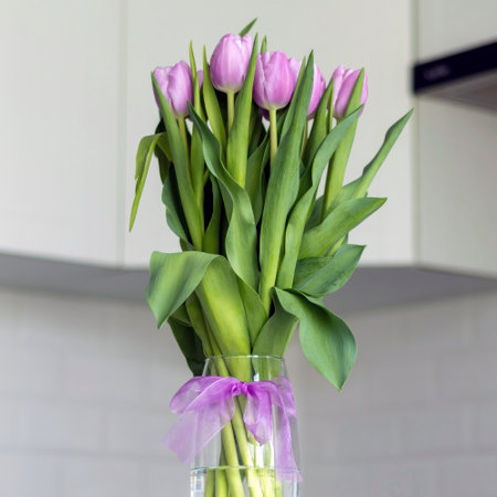 Bouquet of purple tulips in a vase, bottom viewの写真素材