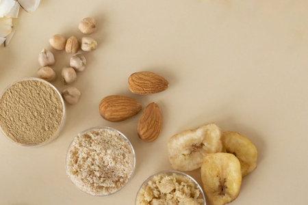 Three kinds of gluten-free flour on a beige background. Chickpea, almond and banana. Useful Foods