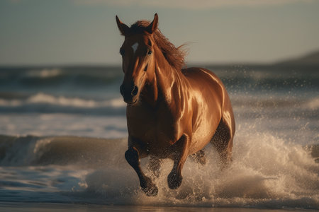 Beautiful bay horse running on the beach at sunset. close-upの素材