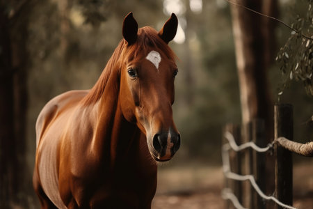 Portrait of a beautiful bay horse in the paddock at sunsetの素材