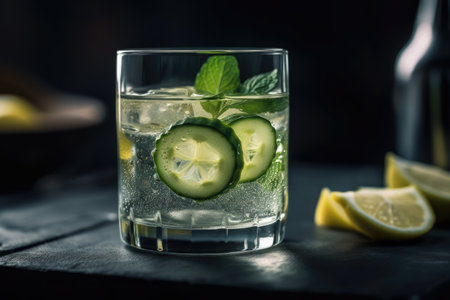 Cucumber lemonade in a glass on a black background.の素材