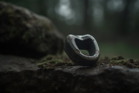 Heart shaped metal ring on mossy stone in forest. selective focusの素材