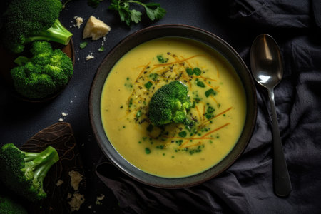 Broccoli cream soup with croutons and parsley on black backgroundの素材