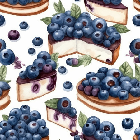 Seamless pattern with blueberry cheesecake. watercolor illustrationの素材