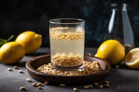 Glass of pine nuts juice with fresh lemons on a dark backgroundの素材