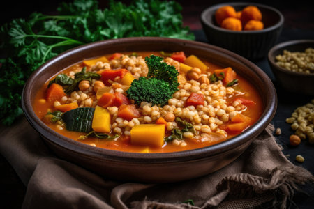 Vegetable soup with chickpeas and pumpkin on rustic backgroundの素材
