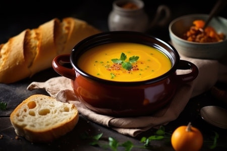 Pumpkin soup with parsley and bread on a dark background.の素材