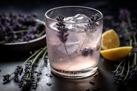 Lavender lemonade with fresh lavender flowers on black backgroundの素材