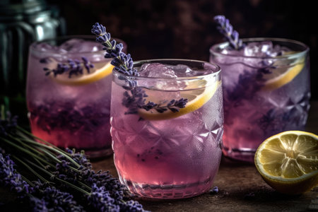 Lavender lemonade with ice and lemon on rustic backgroundの素材