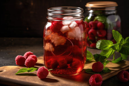 Raspberry compote in glass jar with fresh raspberries and mintの素材