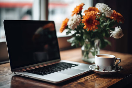 Laptop and coffee cup on wooden table in coffee shop. Work from home concept.の素材