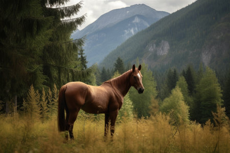 Beautiful brown horse standing in the meadow with mountains in the backgroundの素材