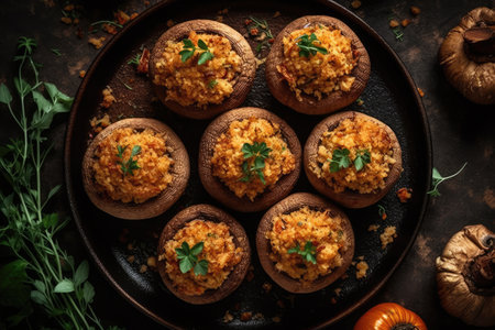 Stuffed mushrooms with pumpkin puree and parsley on dark backgroundの素材