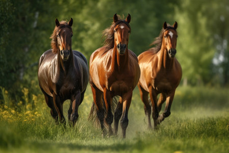 Three brown horses run gallop on meadow green in summer.の素材