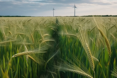 Wheat field with wind turbines in the background. agricultural landscape.の素材