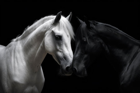 Two white horses on a black background. studio shot. Black background.の素材