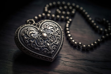 Vintage silver heart-shaped rosary on a wooden background.の素材