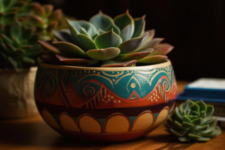 Succulents in a clay pot on a dark background.の素材