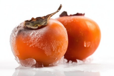 Frozen persimmon on a white background, close-upの素材