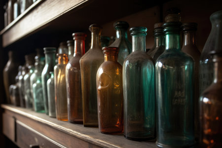 A row of old glass bottles on a shelf in a shop.の素材