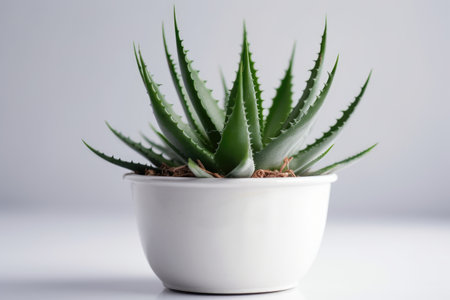 Aloe vera plant in a white pot on a white backgroundの素材