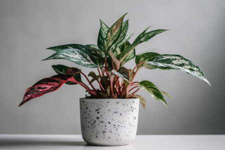 Caladium in a pot on a white table against a gray wallの素材