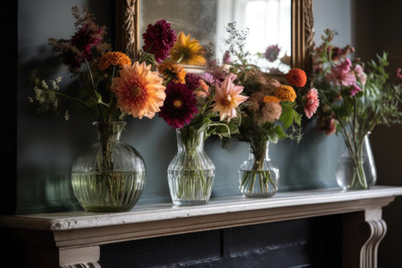 Flowers in vases on a shelf in the interior of the roomの素材