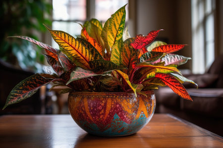 Variegated caladium leaves in a pot on a wooden tableの素材