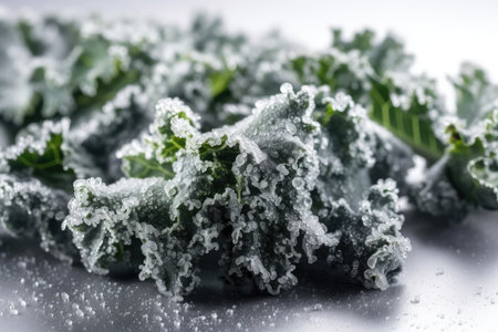 Frozen kale leaves on a white background. selective focus.の素材