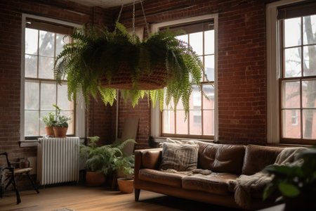 Interior of modern living room with sofa, plants and brick wallの素材