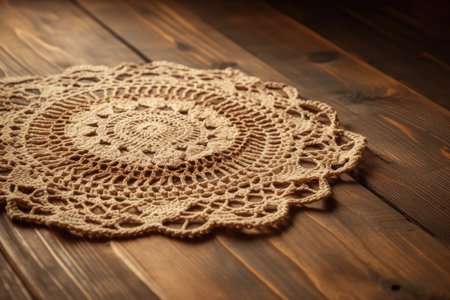 Beautiful crochet napkin on wooden background. copy spaceの素材