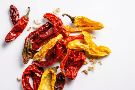 Dried red and yellow hot chili peppers isolated on white background.の素材