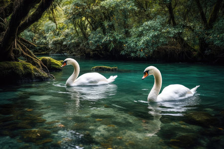 Beautiful white swans swimming in the river in the forest.の素材