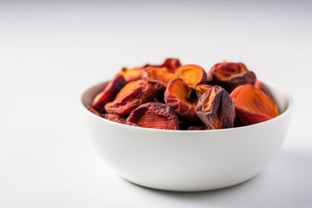 Dried apricots in a bowl on white background. selective focus.の素材
