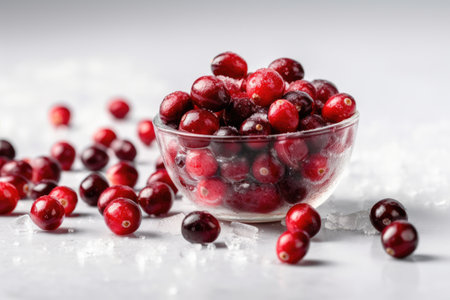 Frozen cranberries in a glass bowl on a light background.の素材