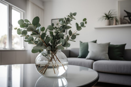 Vase with eucalyptus branches on table in living roomの素材