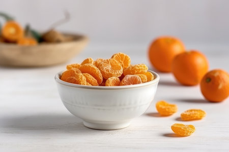 Dried tangerines in a bowl on a white wooden background.の素材