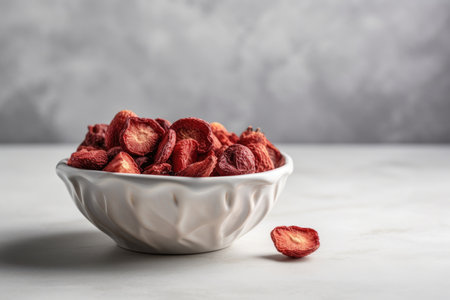 Dried apricots in a bowl on a white marble tableの素材
