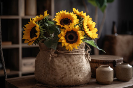 Bouquet of sunflowers in a vase on a wooden tableの素材